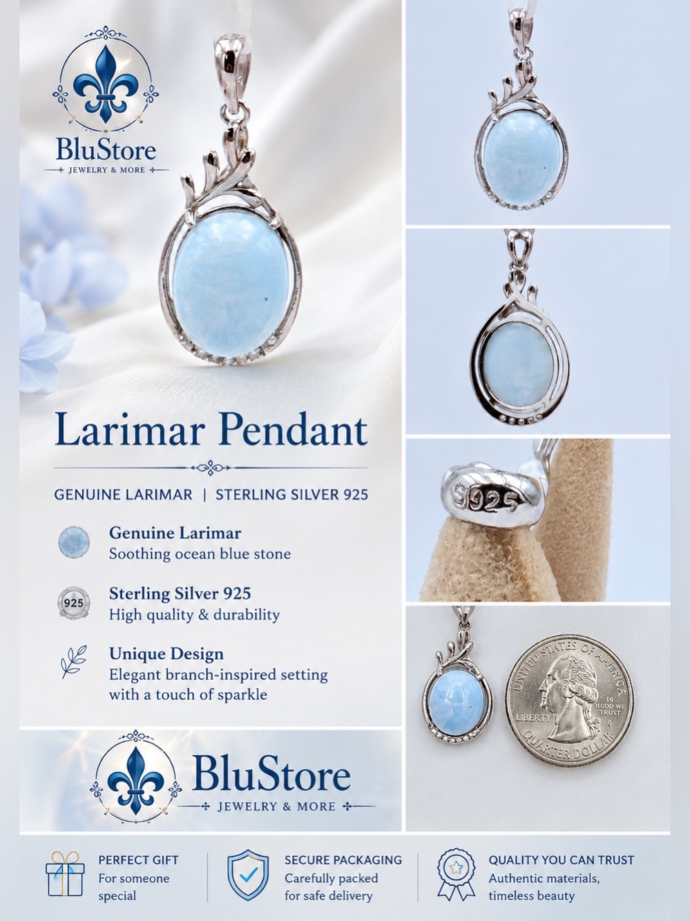 Genuine Larimar Sterling Silver 925 Pendant - Ocean Blue - NWT - Picture 1 of 7